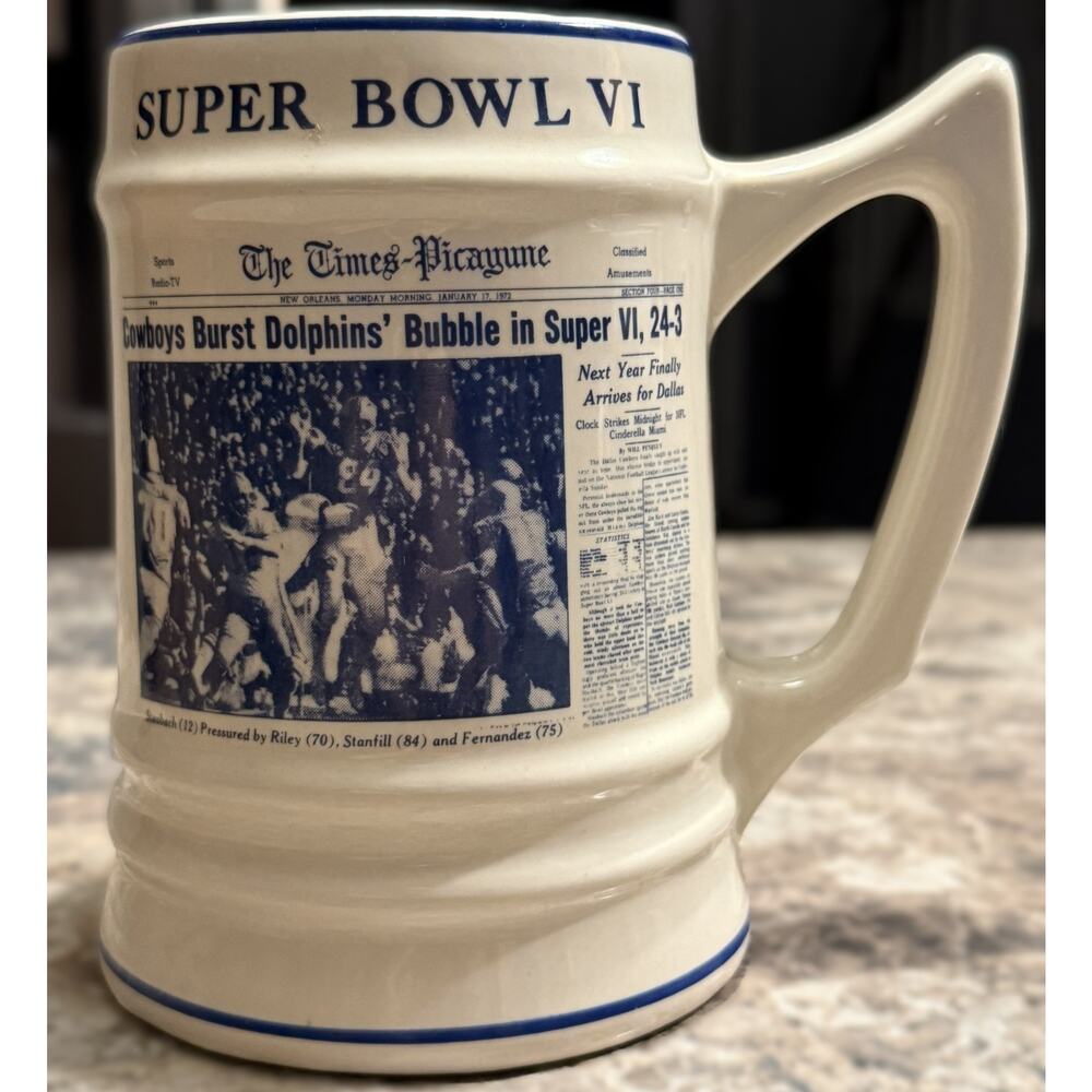 Super Bowl VI Dallas Cowboys Ceramic Mug Newspaper Front Page 1972 Vintage